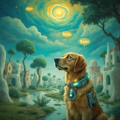 The primary subject of the image is a large, golden dog standing on a grassy field. The dog is wearing a collar and appears to be looking up at the sky. The setting is a picturesque landscape with a river and a village in the background. The visual style is a digital art illustration, creating a whimsical and imaginative scene. The colors are predominantly earthy tones, such as green, brown, and yellow, which contribute to a warm and inviting atmosphere.